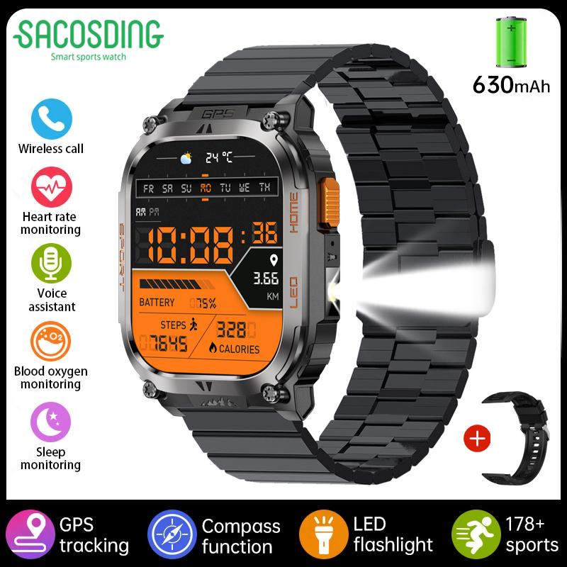 SACOSDING GPS Outdoors Smart Watch IP68 Waterproof GNSS Compass Military Sport LED Flashlight Smartwatch Men 2025 New For Android IOS