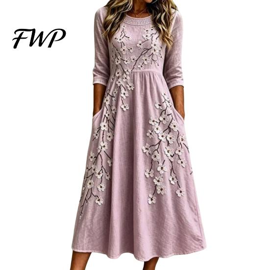 Slimming Silhouette Midi Dresses Autumn Floral Dress for Women, Long Sleeve Bohemian A Line Slim Fit Covering Belly Fat Dress, Vintage Waist-Cinching