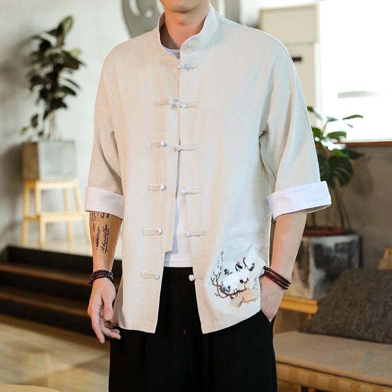 Летний топ с вышивкой журавля, традиционные рубашки для мужчин, традиционный льняной повседневный костюм Тан, кардиган для мужчин, китайский стиль, ретро-блузки в стиле кунг-фу для мужчин
