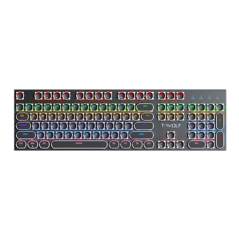Механическая игровая клавиатура T-WOLF T75 с RGB-подсветкой, синими переключателями и круглыми кейкапами в стиле панк