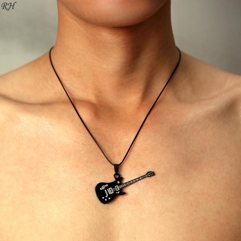 Fashion 316L Stainless Steel Guitar Pendant Necklace for Women Men Simple Black Leather Chain Necklaces Unisex Jewelry