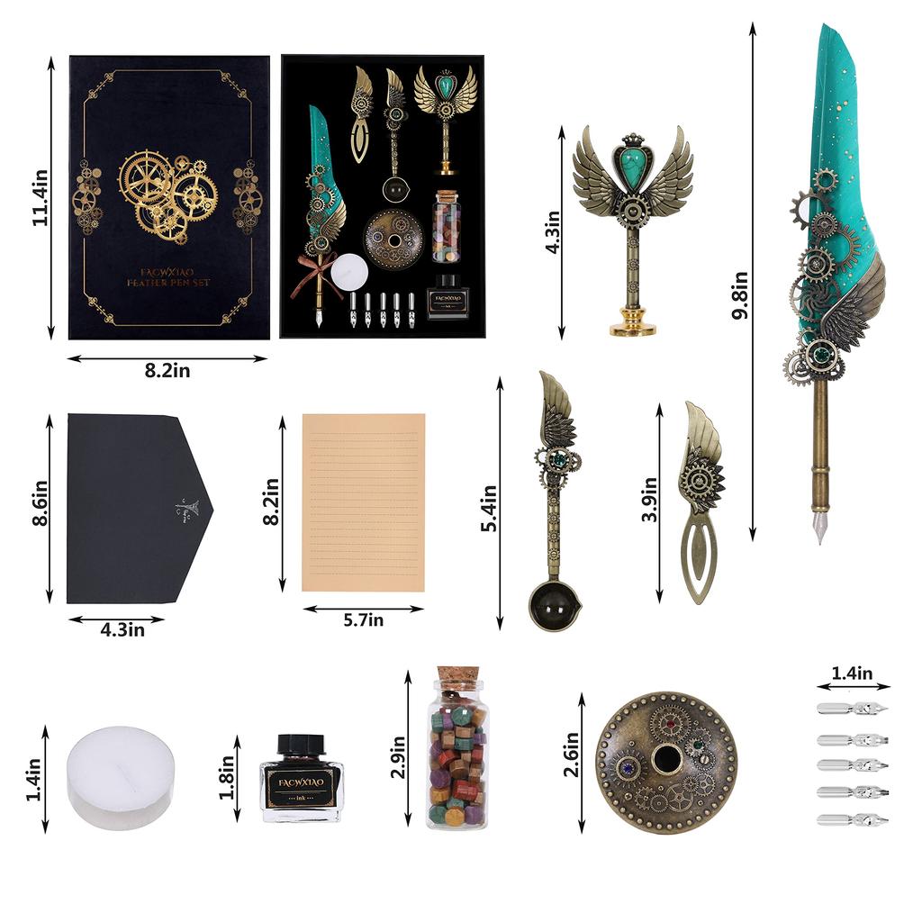 Facwxiao гусиное перо перо восковой набор для письма подарочный набор, зеленый, ручка, чернила, закладка, печать, перо, бусина, конверт, бумага,