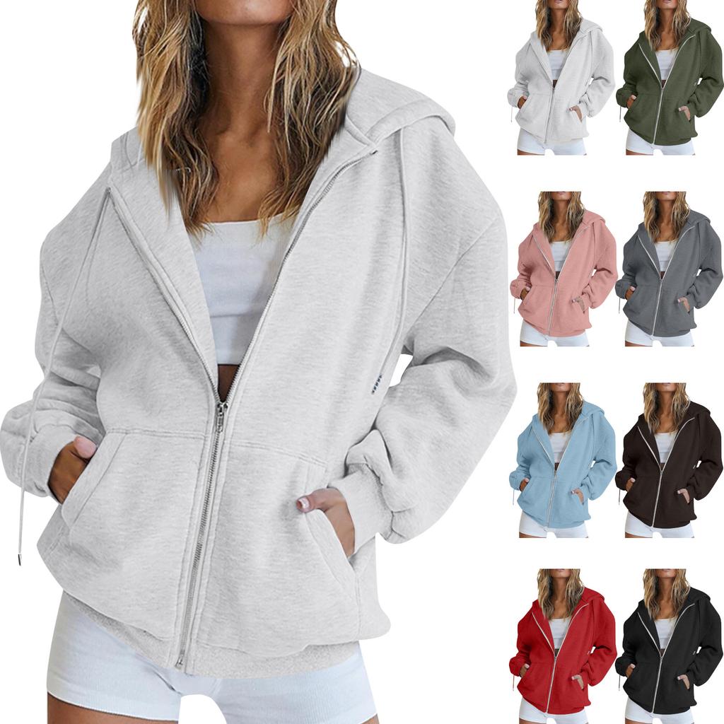 Women's Autumn Fashion Zipper Hoodie Long Sleeve Hooded Pullover Sweatshirt Casual Solid Color Tops With Pockets