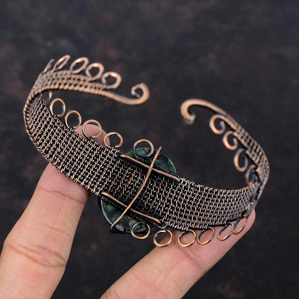 Медный браслет из азурита и малахита, обмотанный медной проволокой, ювелирные изделия ручной работы с драгоценными камнями, регулируемый браслет для подарка, обмотанный медной проволокой, браслет-манжета