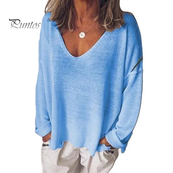 Women T-shirt V-Neck Long Sleeve Loose Fit Tee Shirt Solid Color Breathable Casual Pullover Tops Daily Wear