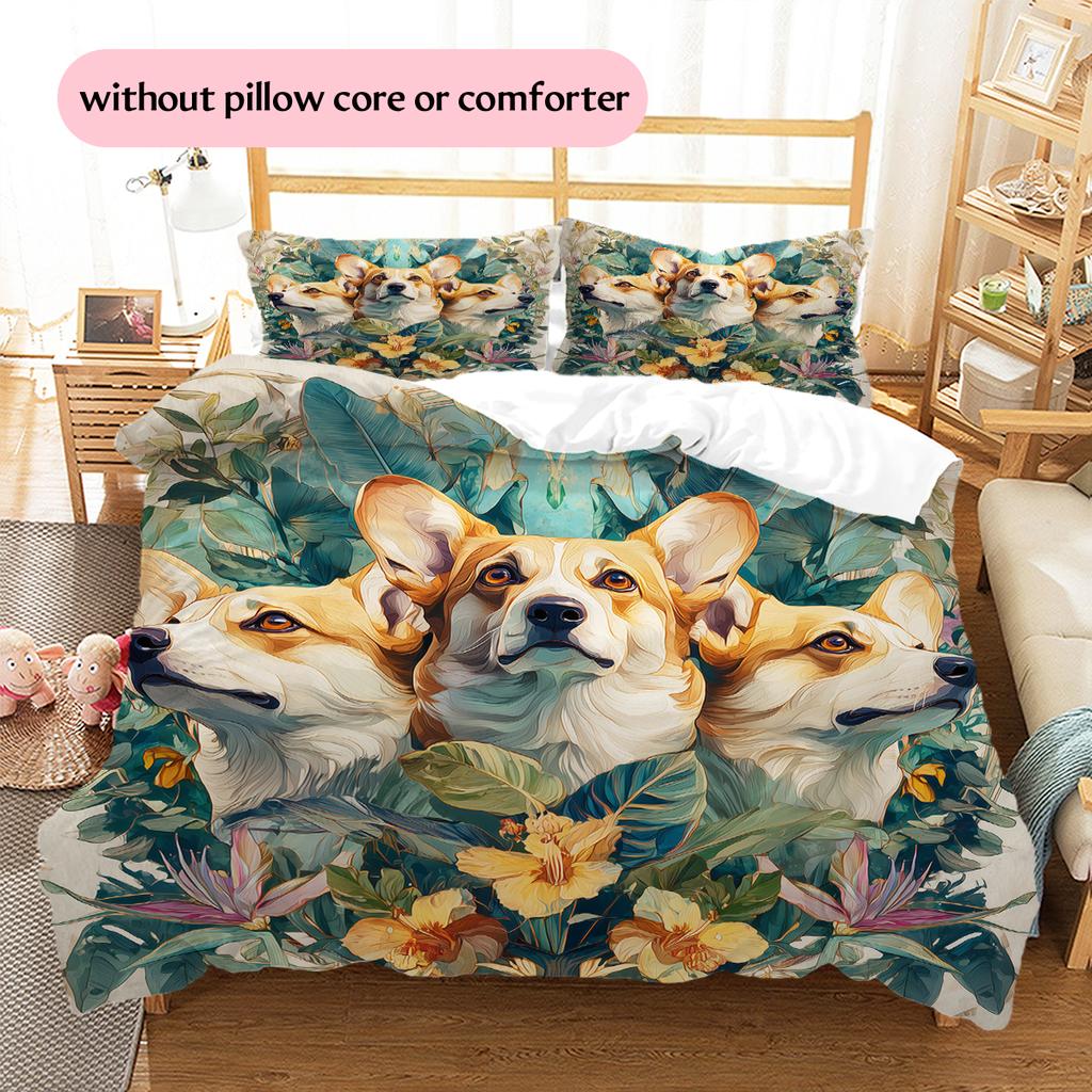 Corgi and plants Pattern Bedding Home Decoration Birthday Gift (1 * duvet cover + 2 * pillowcase, without core)