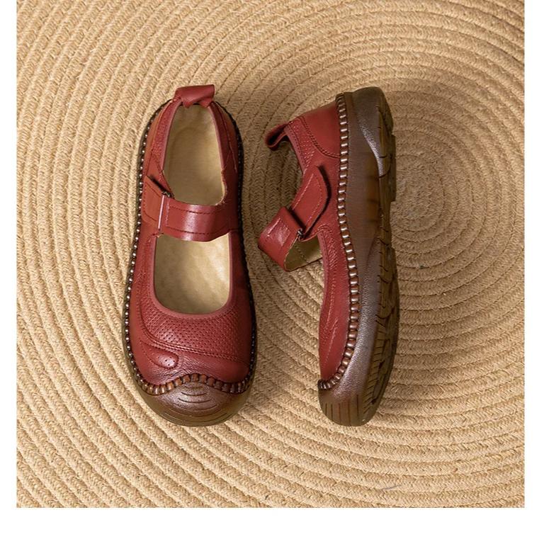 Johnature Genuine Leather Soft Soled Flat Shoes Retro Round Toe Shallow Versatile Comfortable Women's Shoes