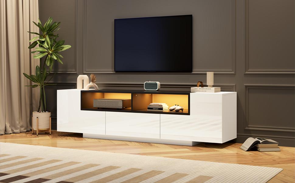 180*40*48cm Freestanding TV Cabinet with LED Light, L-Shape and Drawers, High-Gloss White, Suitable for 75-Inch TVs, White+Black