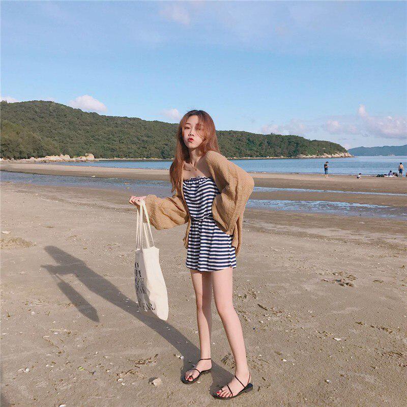 Женский корейский студенческий стиль, ленивый свободный солнцезащитный кардиган, летний сексуальный вязаный кардиган среднего размера