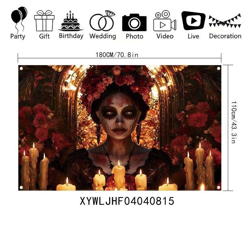 Day of Dead Sugar Skull Lady Tapestry Floral Halloween Aesthetic Wall Hanging Bedroom Dorm Party Photo Background Decor