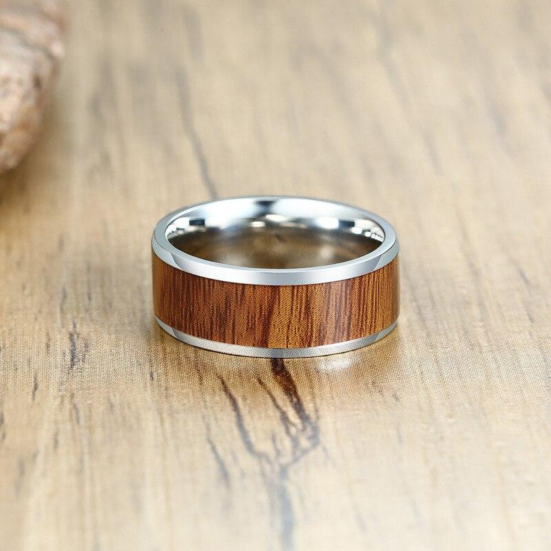 Fashion 8mm Natural Wood Stainless Steel Men Silver Color Ring Wedding Engagement Male Rings Simple Jewelry Man Rings Wholesale
