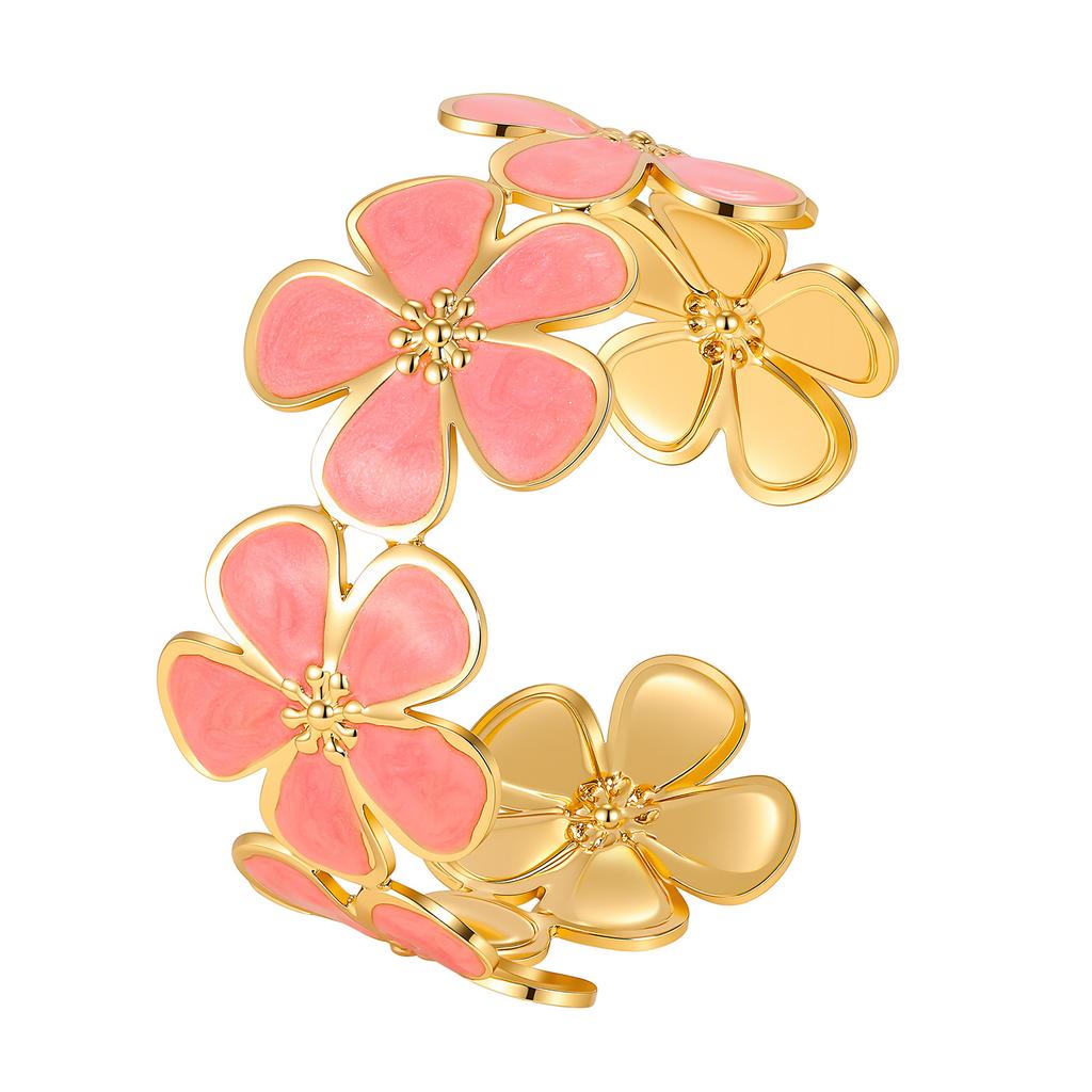 Vintage Colorful Enamel Flower Cuff Bracelet, 18K Gold Plated Stainless Steel Floral Bangle, Anti-Tarnish Party Jewelry