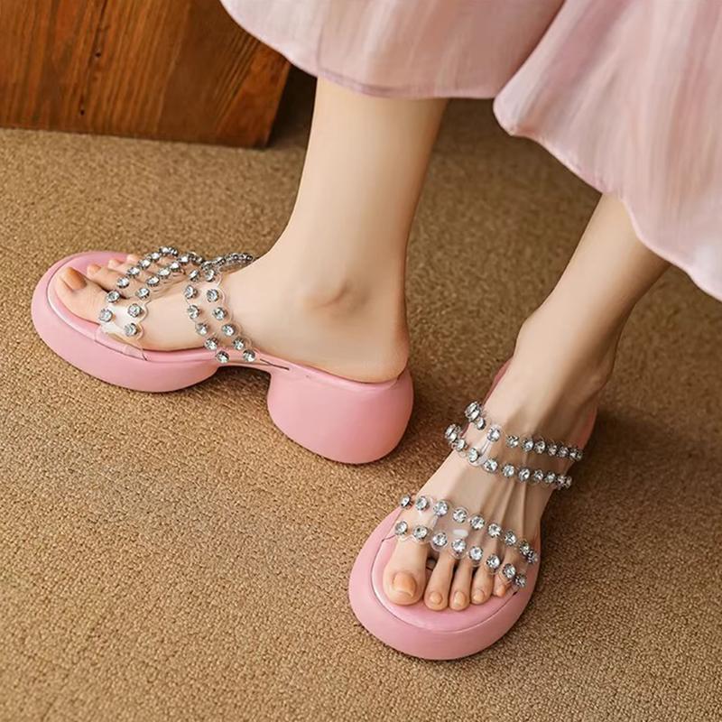 Fashion Glitter Slides High-Heeled Shoes Lady Transparent Slippers Square Heel Platform Jelly Block Soft Crystal Scandals Concise
