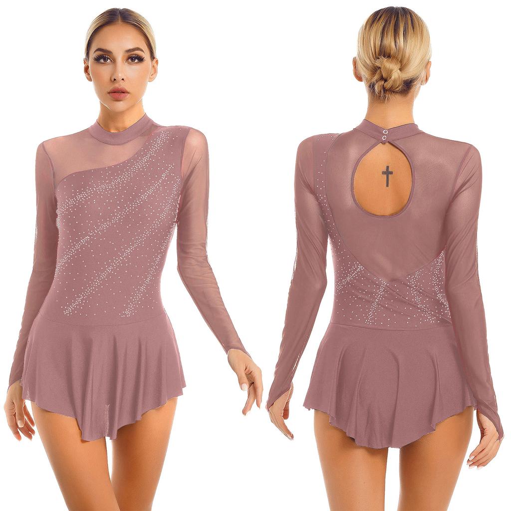 Женские танцевальные платья для фигурного катания со стразами, прозрачное сетчатое лоскутное платье-трико с длинными рукавами
