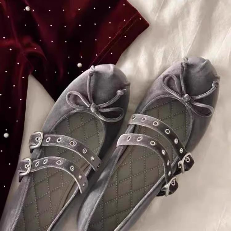 French Style Suede Bow Shoes Retro Double Button Flat Bottomed Shallow Mouth Ballet Single Shoes for Women