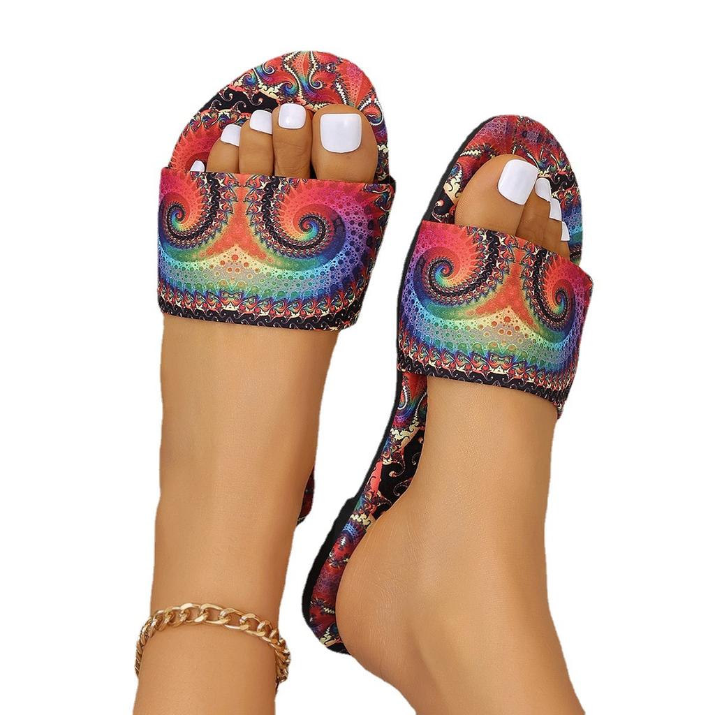 Европейские и американские импортные товары большого размера граффити плоские туфли с одним словом драг обувь женская новая верхняя одежда конфетного цвета квадратные пляжные сандалии