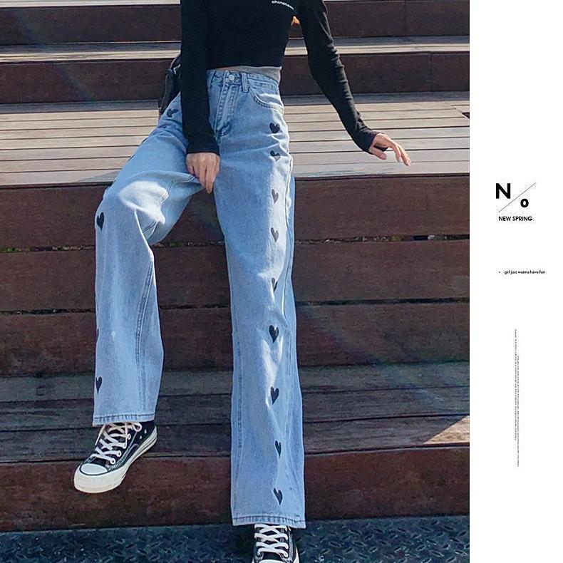 Женские весенние джинсы с высокой талией персикового цвета и сердечками, женские тонкие свободные студенческие широкие брюки, прямые длинные брюки, женские облегающие брюки
