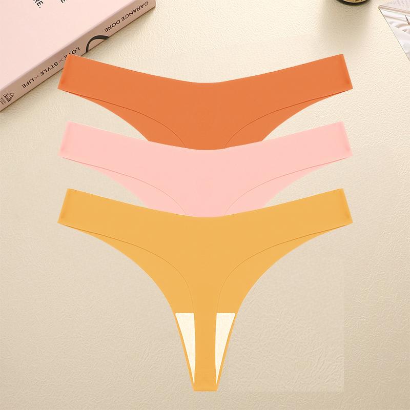 3PCS Seamless Thong Women Ice Silk T-back Intimate Solid Breathable Crotch Briefs Sexy Tanga Multiple 10 Color Lingerie