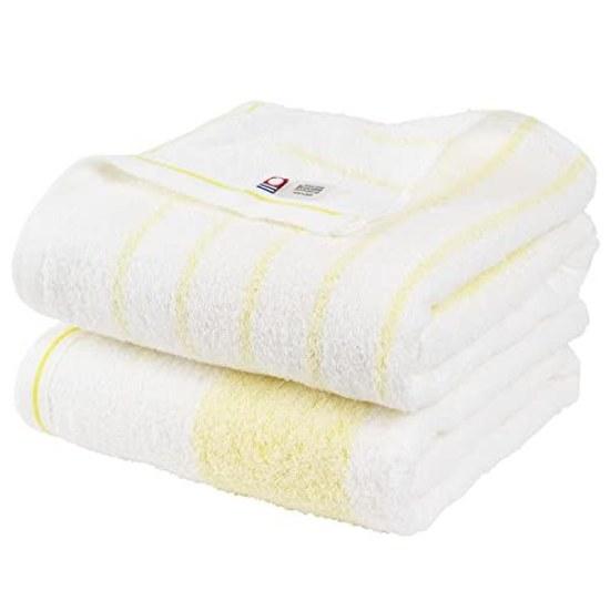 Bloom Imabari Towel Сертифицированный набор для ванной из 2 предметов Натуральная полосатая Впитывающий Быстросохнущий Для сушки в помещении Мягкий 100% хлопок Сделано в Японии (желтый)
