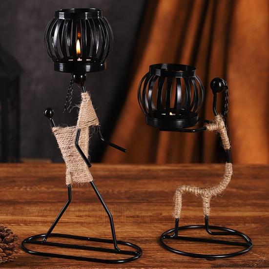 Human Figure Iron Candle Holder Handmade Metal Jute Rope Candlestick Nordic Boho Home Decor for Dining Table Bar Countertop Wedding