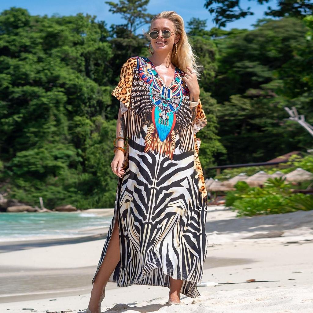 EDOLYNSA Турецкий халат с принтом и рукавами «летучая мышь», летняя туника, купальник больших размеров, накидка для женских купальников, синие платья-кафтаны Q1415