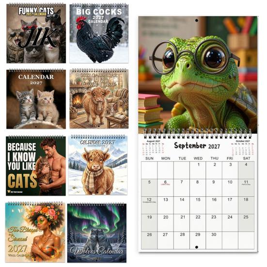 12 Month Spiral Bound Calendar Funny Animal Wall 2027, Months Jan. to Dec., Hanging Office Planner Calendar, Monthly with Rooster Cat Highland