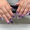 24Pcs Blue Flower 3D French Long Coffin Press On Nails Reusable Full Cover Fake Nail Tips