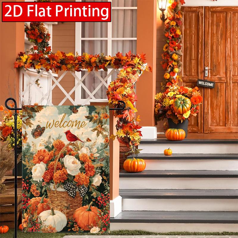 2D Flat - 2D Flat Autumn Cardinals Pumpkin Autumn Bison Grid Thanksgiving Garden Flag (2)- Outdoor Garden Flag Double-Sided Home Decoration Courtyard