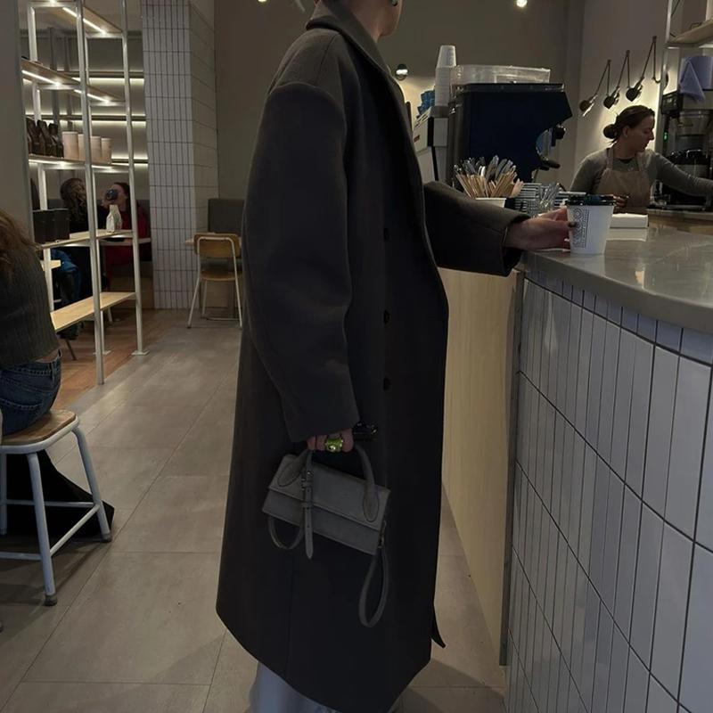 Brown Lapel Woolen Coat Synthetic Fabric Women's Double Breasted Long Sleeve Warm Coat Straight Tube Version Autumn and Winter