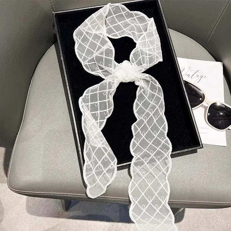 Винтажный белый кружевной платок для волос, летняя милая повязка на голову с бантом, элегантные ленточные шарфы для женщин, повязки для волос, длинный узкий шейный платок 130 см