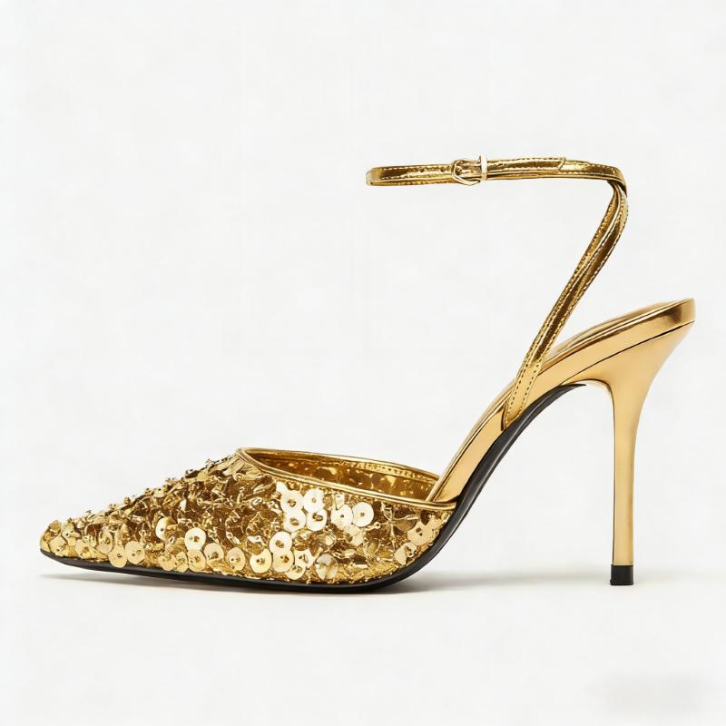 Glänzende Paillettenverzierte Goldene High Heels Damenfachion Spitz zulaufend Knöchelriemen Schnallen-Design High Heel Sandalen Luxuriöse Party-Kleid-Schuh