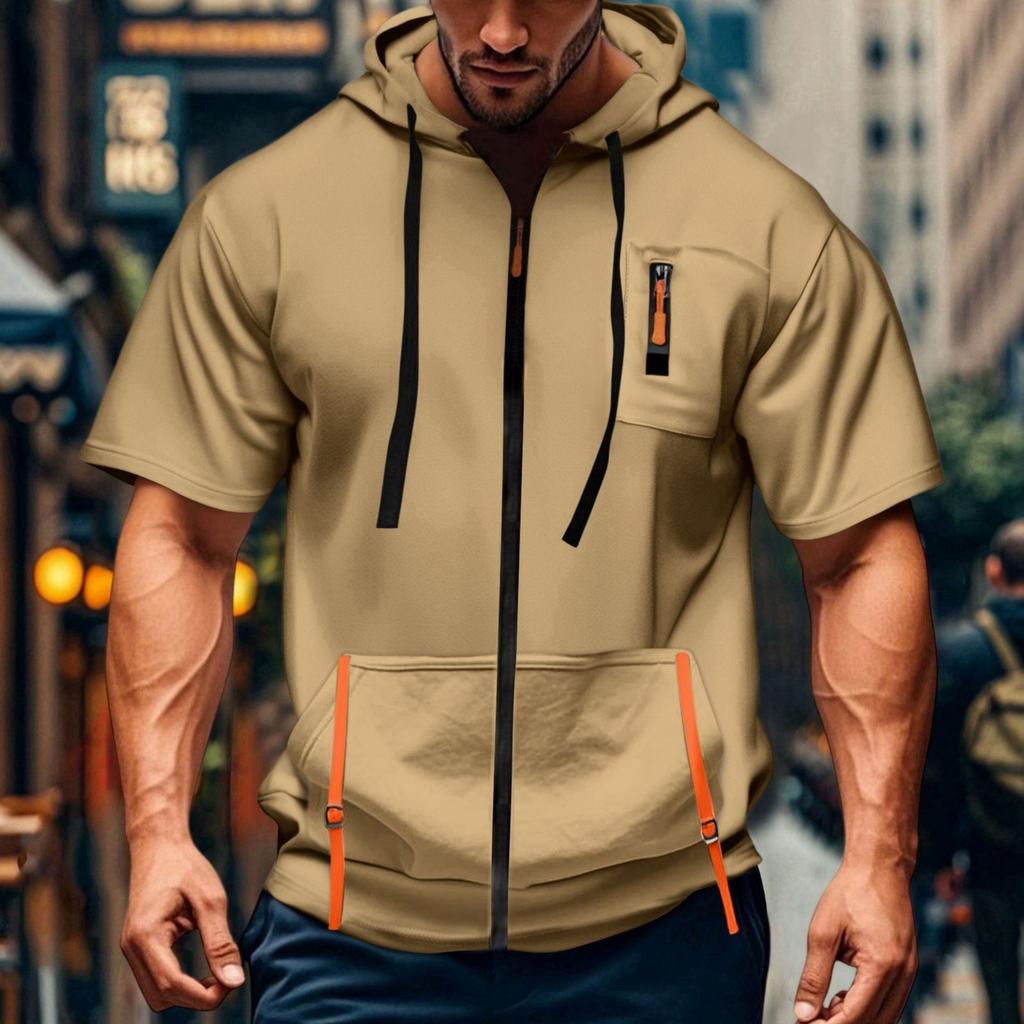 Men's Casual Short-sleeved Sweatshirt. Loose And Breathable Solid-color Sweatshirt Jacket With Multiple Pockets And A Zipper.