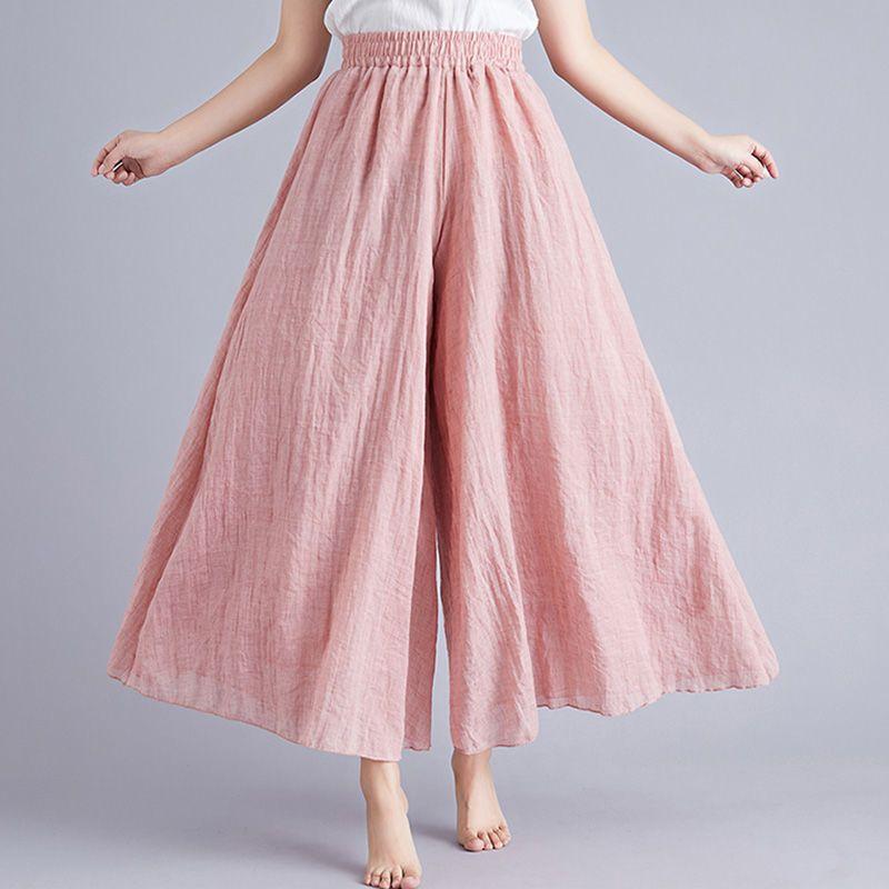 Artistic Cotton Wide Leg Pants for Women's Summer Loose and Casual Solid Color Big Swing High Waist Retro Yoga Pants Skirt