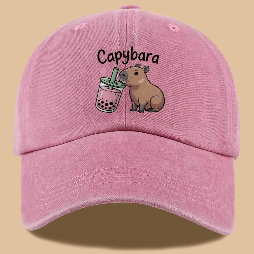 pc Cute and Style Design Printed Baseball Cap with Capybara Drinking Milk Tea Print Urban Casual Headwear Black Papa Trucker