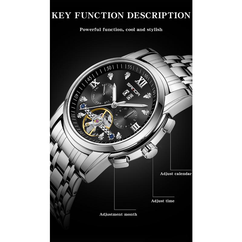 SANDA Новый продукт, мужские автоматические механические часы со стальным ремешком, кварцевые модные полые мужские часы