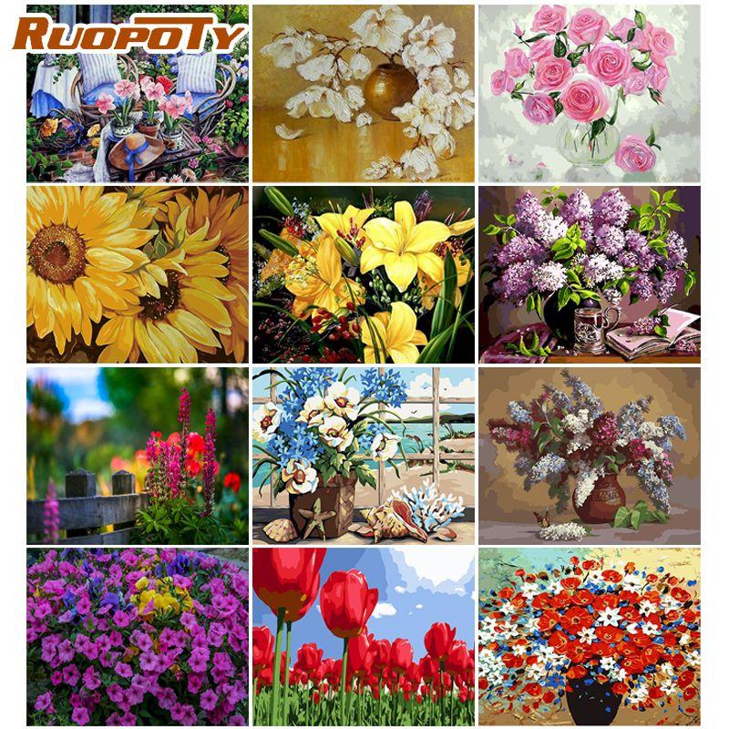 RUOPOTY Безрамные цветы серии DIY картина по номерам ручная роспись маслом акриловый рисунок по номерам для домашнего декора подарок
