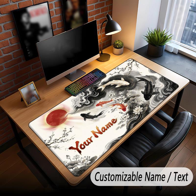 Koi Fish Theme Custom Mouse Pad Personalized With Name Text Customized Desk Mat For Office Home Decor