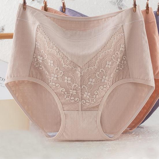 Mid-aged Women Panties Lace Hgh Waist Tummy Control Seamless Solid Color Good Breathability Lady Underpants Female Daily Underwear