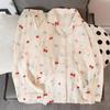 Cute Cherry Flower Bow Tie Print 2 Pieces Women's Pajamas Set Button V-neck Design Women's Sleepwear Cartoon Homewear