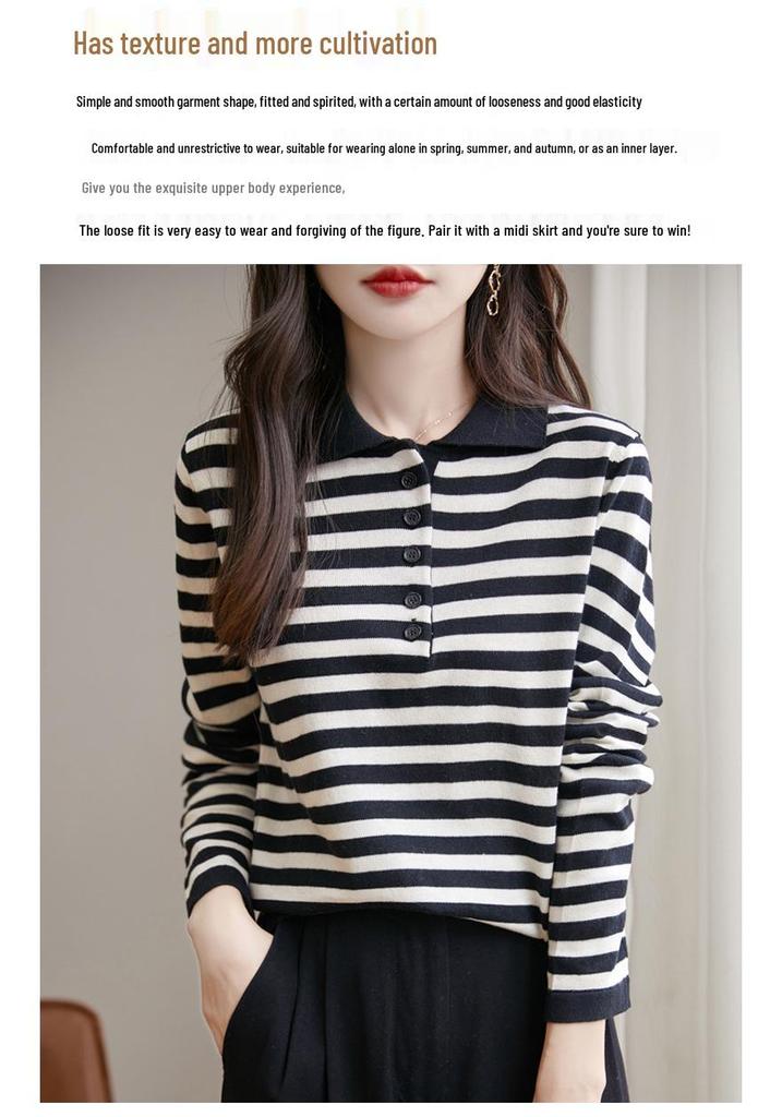 Autumn/Winter Stand Collar Retro Stripe Long Sleeve Slimming Business Top