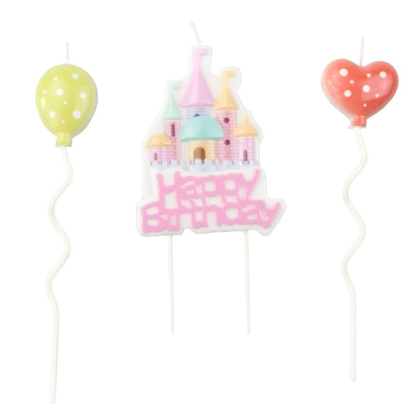 New Children's Birthday Baking Cake Decoration Cute Cartoon Castle Shape Pink Blue Balloon Candle