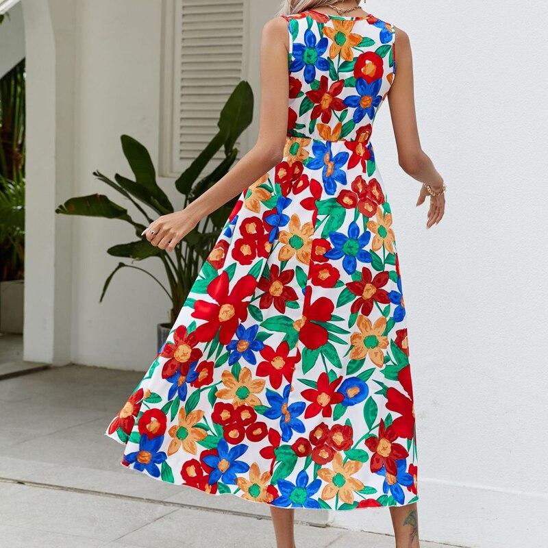 V-neck Sleeveless Beach Dress Women Casual Summer Flower Printed Dress 2023 Elegant High Waist Party Slip Dress Vestidos 25281