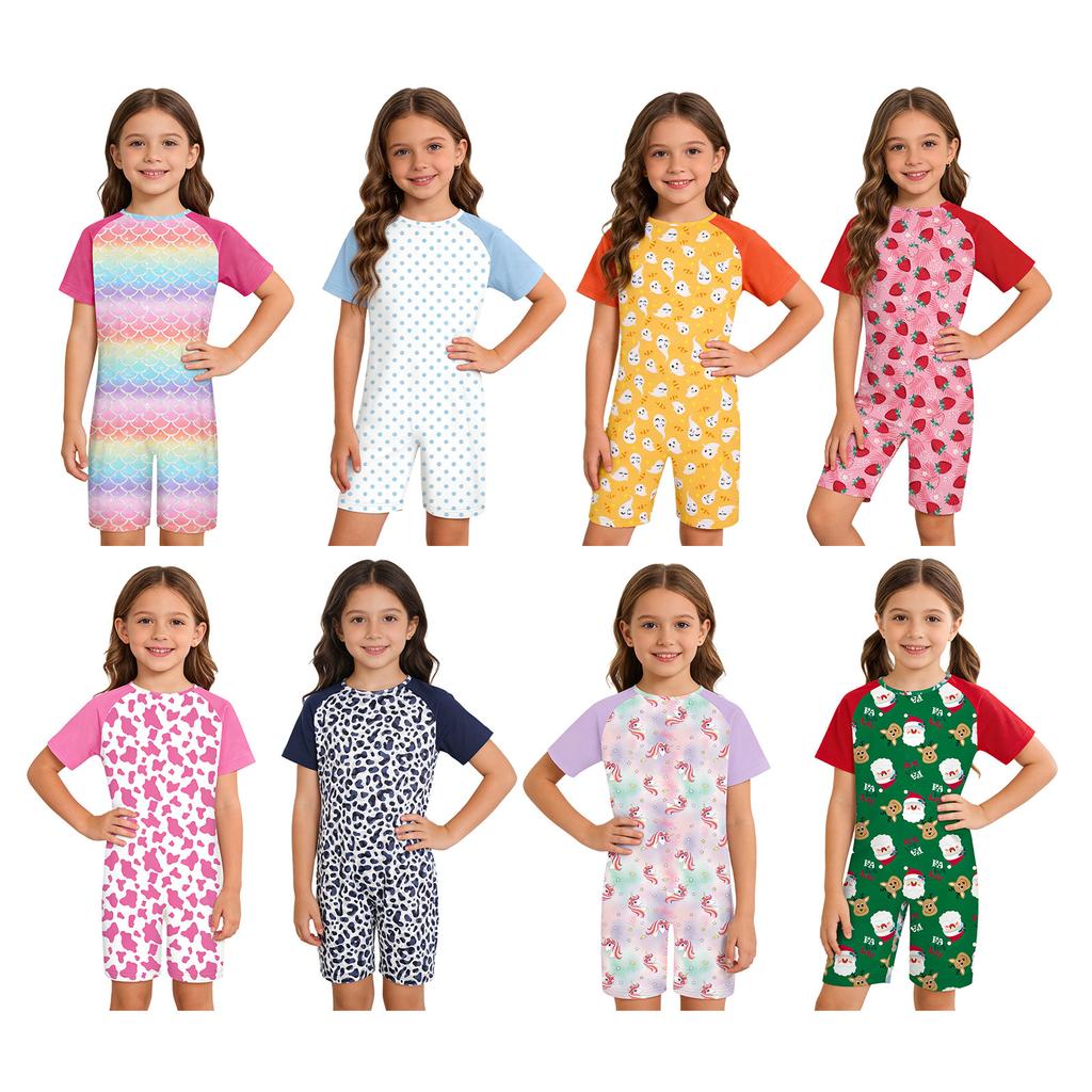 Kids Special Needs Adaptive Cute Printed Jumpsuit Round Neck Short Sleeve Anti Strip Romper