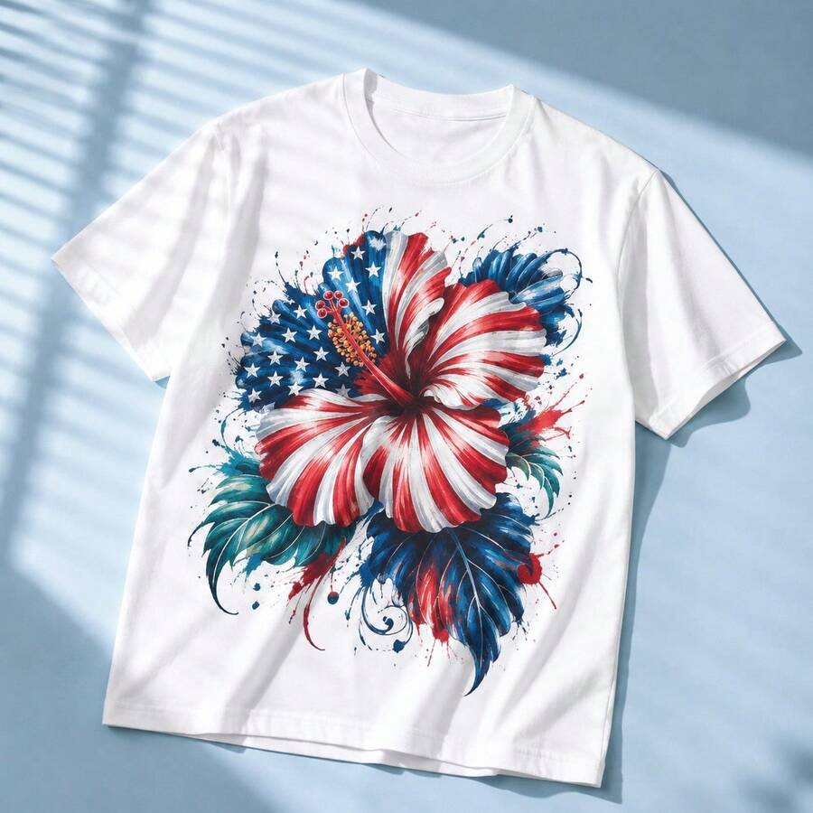 Unisex Crew Neck Short Sleeve T-Shirt, American Flag Hibiscus Flower Patriotic Floral Print, Casual Summer Top, Great 4th of July Gift For P