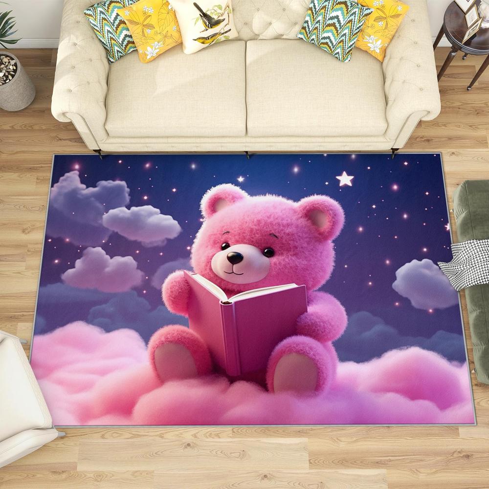 Cute Bear Print Area Rug Flannel Washable Floor Mat for Kids Bedroom Nursery Living Room Cartoon Cloud Star Theme Home Decor
