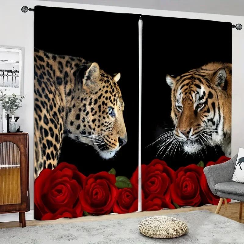 3D Красный Цветок Дикий Тигр Леопард Оконные Шторы Жалюзи Для Гостиной Детской Спальни Ванной Кухни Офисной Двери Домашнего Декора 2 Шт.