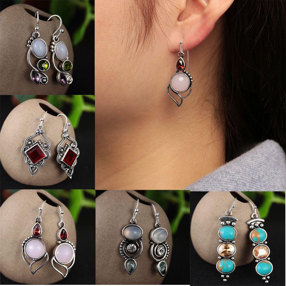 Wedding Vintage Jewelry Dangle Turquoise Amethyst Moonstone Earrings Multi-Gemstone Ear Stud