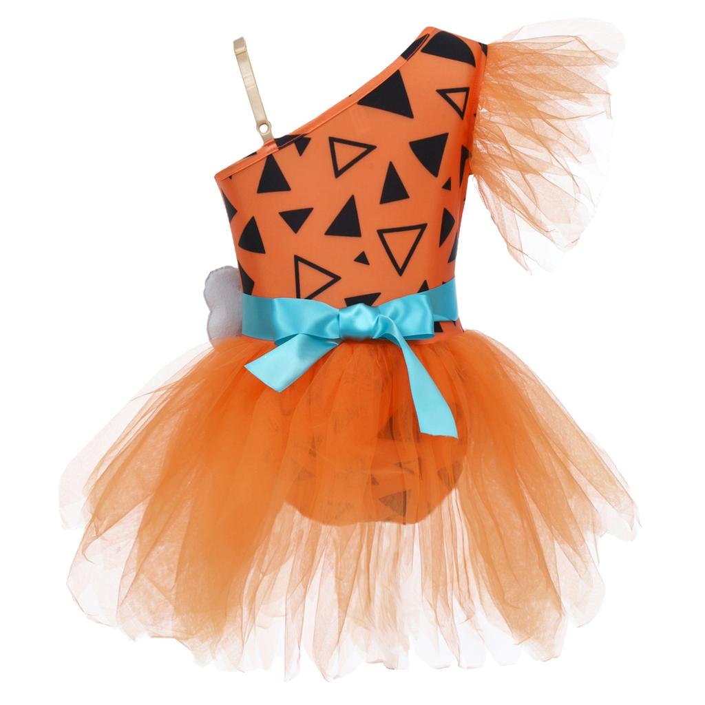 Girls Cavegirl Outfit Patchwork Tutu Dress Adjustable Strap Mesh Short Sleeve Built In Briefs 3D Bone Belt Prehistoric Costume