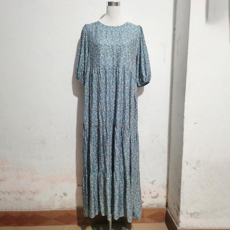 Women Summer Casual Floral Print O Neck Dress High Waist Loose Large Size Ankle Length Middle Long Sleeve Spring Dress
