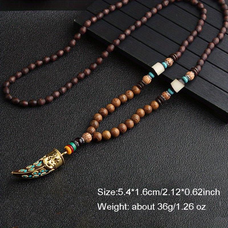 Винтажное Ручное Изготовление Ожерелье Непал Буддийская Мала Деревянные Бусины Подвеска и Ожерелье Этническое Рыбий Рог Длинное Заявление Мужские Женские Украшения